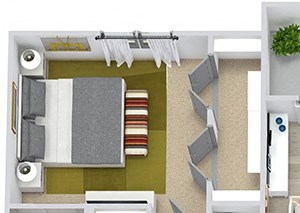 McCullouch 3D 3D McCullouch 3 Bedroom floorplan. L-shaped kitchen with island and pantry. open to dining-living area. 1st shared bath with double sinks and tub. 2nd bath with double sinks. walk-in closets. Balcony